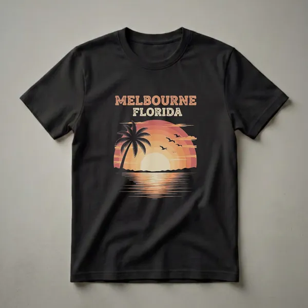 Black t-shirt with a retro graphic depicting a sunset over water in Melbourne, Florida, featuring a palm tree silhouette and flying birds.