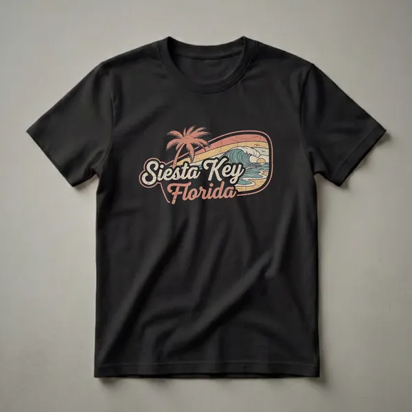Black t-shirt with a retro graphic design of Siesta Key, Florida, featuring a palm tree, a crashing wave, and a sunset over the ocean.