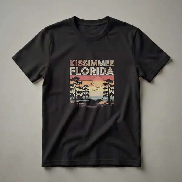Black graphic t-shirt featuring a retro sunset scene of Kissimmee, Florida, with cypress trees, an alligator in the water, and birds flying.