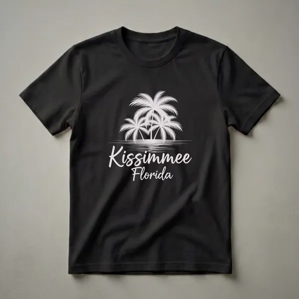 Black t-shirt with a white graphic design featuring three palm trees over wavy lines representing water, with the text 'Kissimmee Florida' below.
