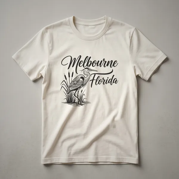 A black graphic t-shirt featuring a line art illustration of a heron standing in reeds with the words 'Melbourne Florida' in script above it.