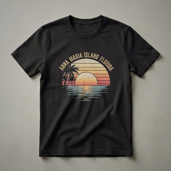 Black t-shirt featuring a retro sunset design with palm trees and the words 'Anna Maria Island Florida' in distressed font.