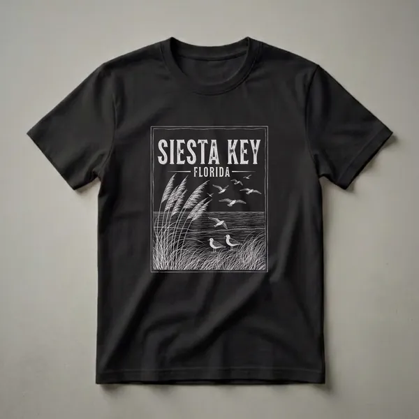 Black t-shirt with a vintage sketch art design of Siesta Key, Florida, featuring seagulls, ocean waves, and sea oats.