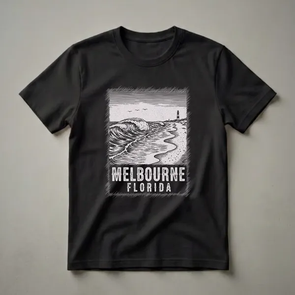 Black t-shirt featuring a vintage sketch art design of a beach scene in Melbourne, Florida, with crashing waves, a lighthouse, and seagulls.