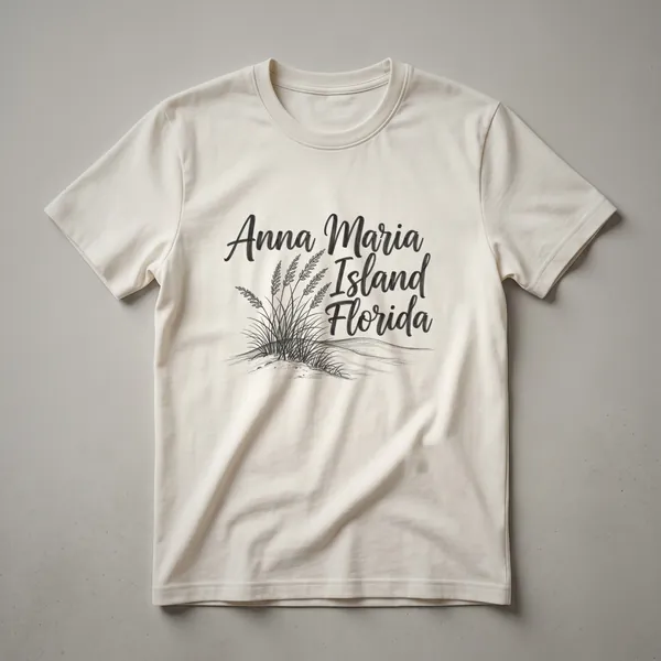 White Anna Maria Island Florida script graphic t-shirt with a line art illustration of beach grass on the left side.