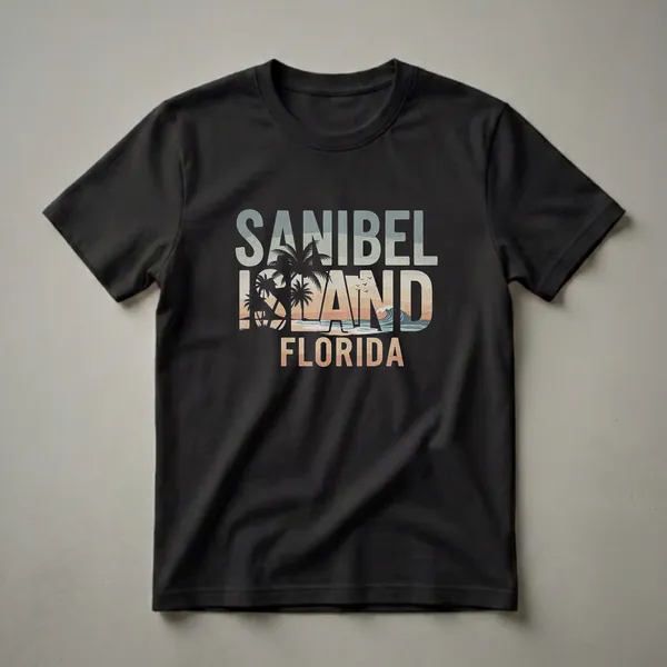 Black t-shirt with a retro graphic design that reads 'SANIBEL ISLAND FLORIDA' with a beach sunset scene, palm trees, and ocean waves.