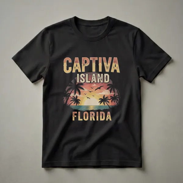 Black t-shirt with a retro graphic of Captiva Island, Florida, featuring a sunset over the ocean, palm trees, and seagulls.