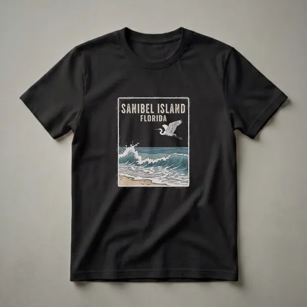 White t-shirt with a vintage graphic of Sanibel Island, Florida, showing a great egret flying over crashing waves and a sandy beach.