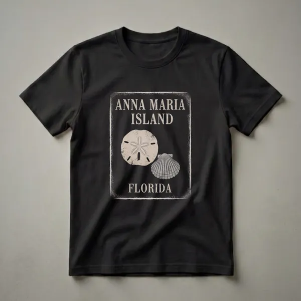 Black t-shirt with distressed graphic featuring 'ANNA MARIA ISLAND FLORIDA' text, a sand dollar, and a seashell.