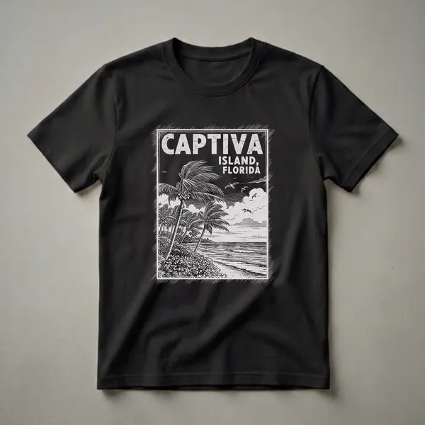Black and white graphic t-shirt featuring a vintage illustration of Captiva Island, Florida, with palm trees, a beach, ocean waves, and seagulls.