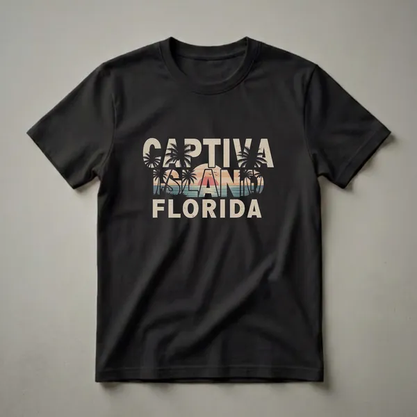 Black t-shirt with a retro graphic design that reads 'Captiva Island Florida' over a sunset beach scene with palm trees and ocean waves.
