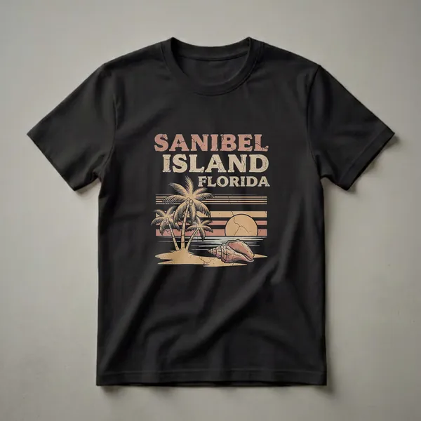 Black t-shirt with a retro graphic design of Sanibel Island, Florida, featuring palm trees, a sunset, and a seashell on the beach.