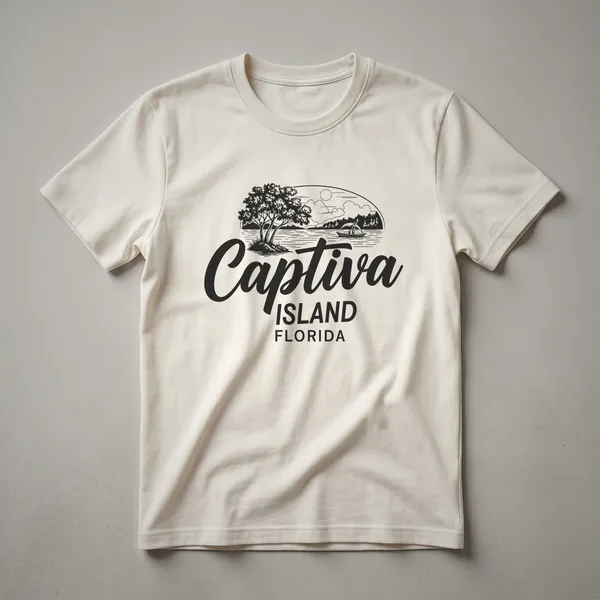 Black graphic t-shirt featuring a vintage sailboat on water with trees and clouds, and the text 'Captiva Island Florida'.