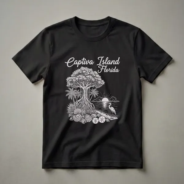 Black t-shirt with a white graphic design of Captiva Island, Florida, featuring a banyan tree, palm trees, seashells, sand dollars, a heron, and a sunset over the ocean.