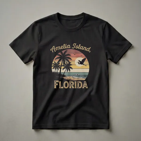 Black t-shirt featuring a retro sunset graphic of Amelia Island, Florida, with palm trees, a beach, ocean waves, and a flying bird.