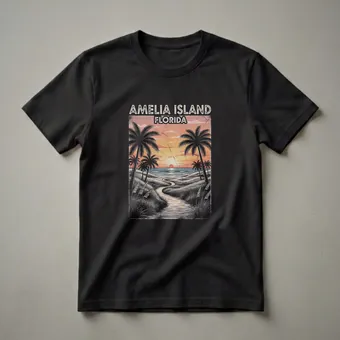 Vintage Amelia Island Florida Sunset Palm Tree Graphic T-Shirt