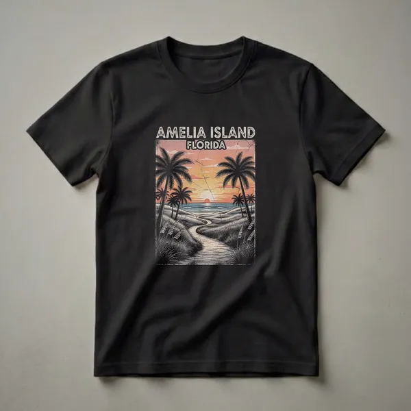 Black t-shirt with a vintage graphic of Amelia Island, Florida, featuring a sunset over the ocean, palm trees, and a sandy path through dunes.