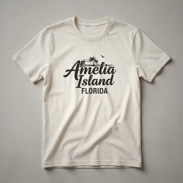 Black graphic t-shirt featuring stylized text 'Amelia Island FLORIDA' with a wave, palm trees, and a bird.