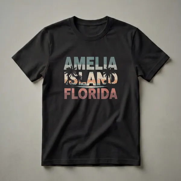 Black t-shirt with retro graphic design that reads 'AMELIA ISLAND FLORIDA' in distressed striped letters, featuring silhouetted palm trees and a sunset over water.