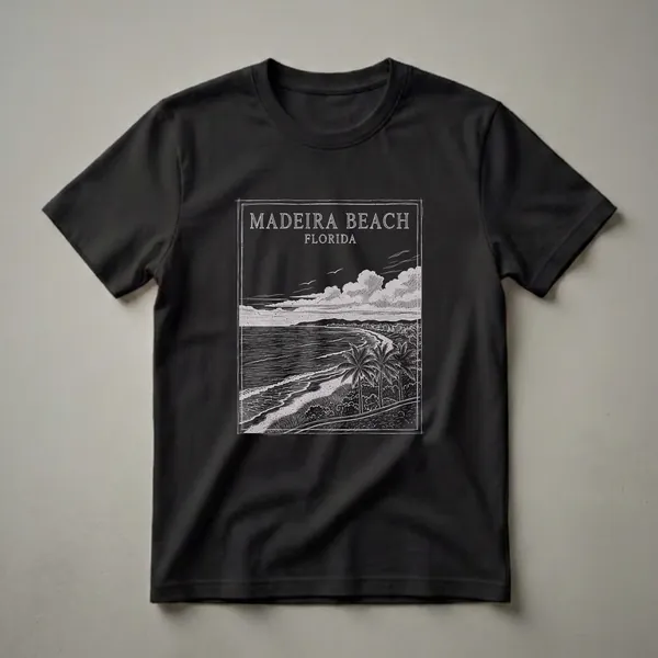 Black t-shirt with a vintage white line drawing of Madeira Beach, Florida, featuring palm trees, ocean waves, and a coastal town.