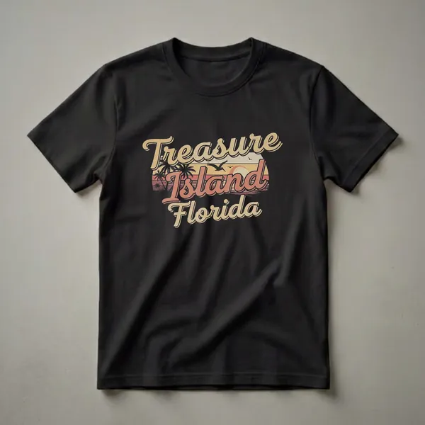 Black t-shirt with a retro sunset graphic featuring palm trees, a pelican, and the words 'Treasure Island Florida' in vintage lettering.