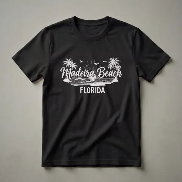 Black t-shirt with a white graphic design of Madeira Beach, Florida, featuring palm trees, ocean waves, a sunset, and seagulls.