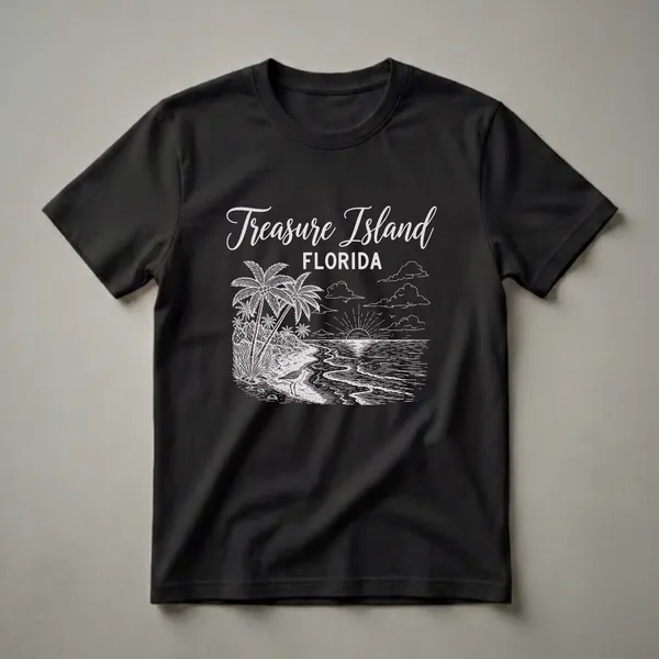 Black graphic t-shirt featuring a white sketch of Treasure Island, Florida, with palm trees, a shorebird, and a sunset over the ocean.