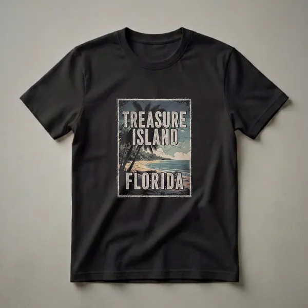 Black t-shirt with a vintage graphic design of Treasure Island, Florida, featuring palm trees, a beach, and the ocean.