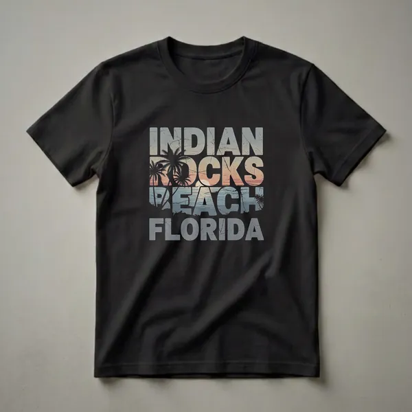Black t-shirt with a retro graphic design that reads 'Indian Rocks Beach Florida' over a sunset, ocean, and palm tree scene.