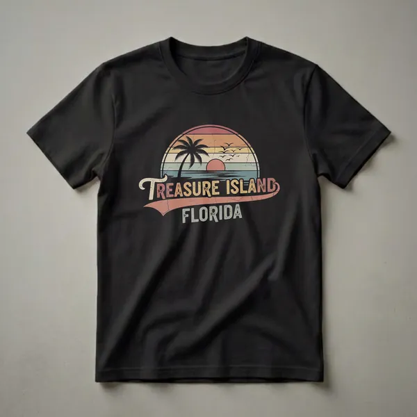 Black t-shirt with a retro graphic design of a sunset over the ocean, featuring a palm tree, seagulls, and the text 'Treasure Island Florida'.