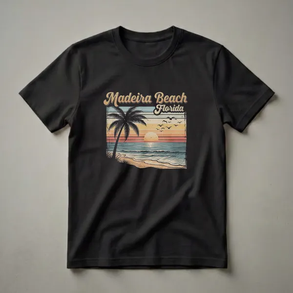 Black graphic t-shirt featuring a retro sunset over the ocean at Madeira Beach, Florida, with a silhouetted palm tree and seagulls.