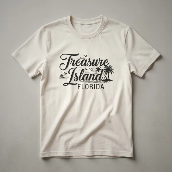 Black graphic t-shirt featuring the words 'Treasure Island FLORIDA' with a silhouette of a pelican, seagulls, palm trees, and a lighthouse.