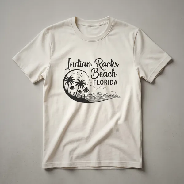 Black graphic t-shirt design featuring the words 'Indian Rocks Beach FLORIDA' with a circular emblem containing palm trees, birds, and ocean waves.