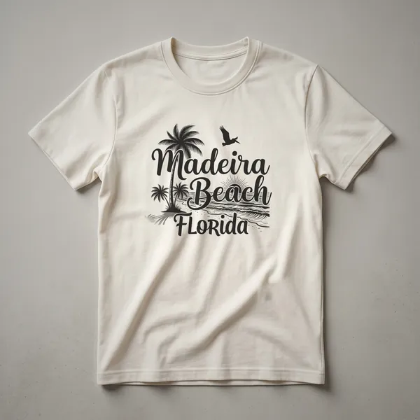 Black graphic design on a t-shirt featuring the words Madeira Beach Florida, palm trees, a flying pelican, and ocean waves.