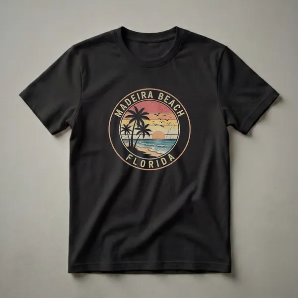 Black t-shirt featuring a circular retro graphic design of Madeira Beach, Florida, with a sunset, palm trees, ocean waves, and seagulls.