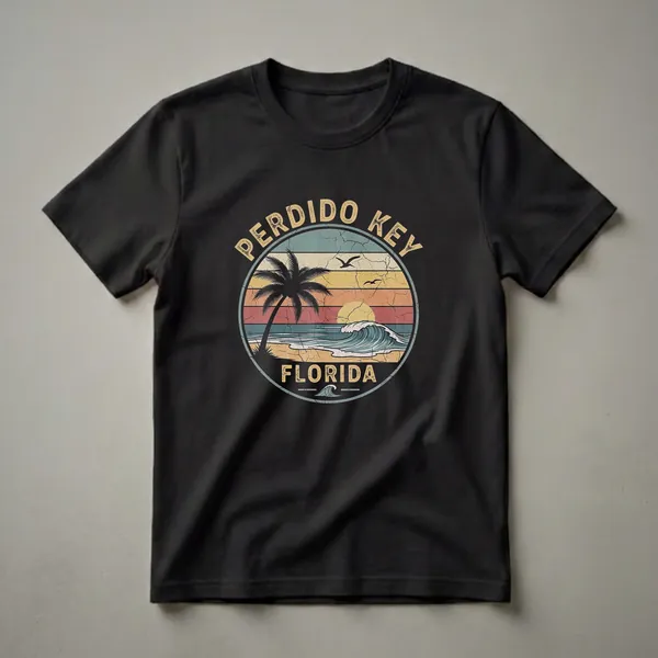 Black t-shirt with a circular retro graphic depicting a beach scene at sunset with a palm tree, ocean wave, seagulls, and the words 'PERDIDO KEY' and 'FLORIDA'.