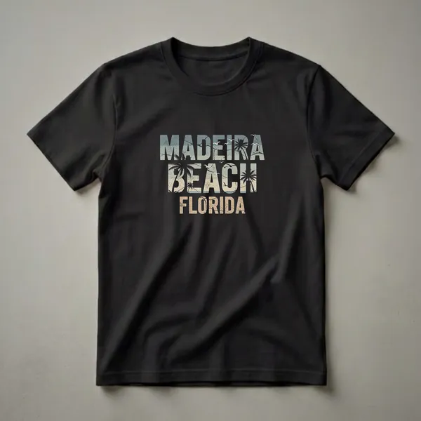 Black t-shirt with distressed text reading 'MADEIRA BEACH FLORIDA' in retro colors, featuring silhouettes of palm trees and seagulls against a faded beach scene.