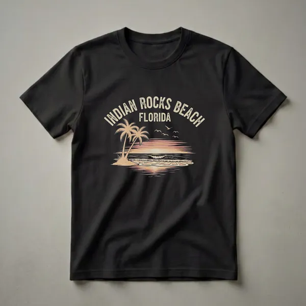 Black t-shirt with a retro graphic of Indian Rocks Beach, Florida, featuring a sunset over the ocean, palm trees, and seagulls.