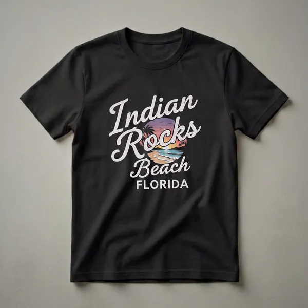 Black t-shirt featuring the words 'Indian Rocks Beach Florida' in distressed white font over a graphic of a beach sunset with palm trees and ocean waves.