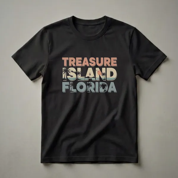 Black t-shirt with a retro graphic design that reads "Treasure Island Florida" in distressed fonts, featuring a sunset, palm trees, and ocean waves.