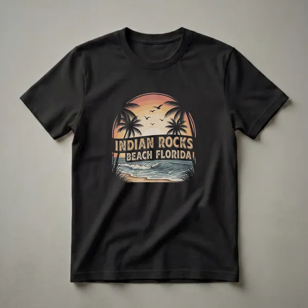 Black t-shirt with a retro graphic design featuring a sunset, palm trees, seagulls, and the text "INDIAN ROCKS BEACH FLORIDA" over ocean waves and a beach.