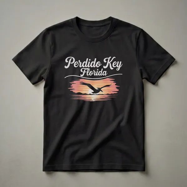 Black graphic t-shirt featuring 'Perdido Key Florida' in white script above a silhouette of a pelican flying over a colorful sunset ocean scene.