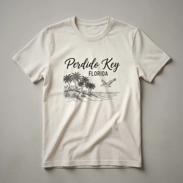 Black line art sketch on a shirt depicting Perdido Key, Florida, with palm trees, grass, ocean, and a flying pelican.