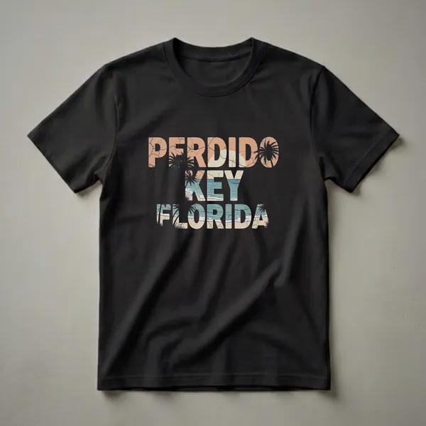 Black t-shirt with distressed text reading 'PERDIDO KEY FLORIDA' featuring a retro beach scene with palm trees and ocean waves.