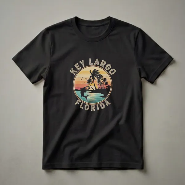 Black t-shirt with a circular retro graphic depicting a tarpon jumping from water with palm trees and a sunset, with text Key Largo Florida.