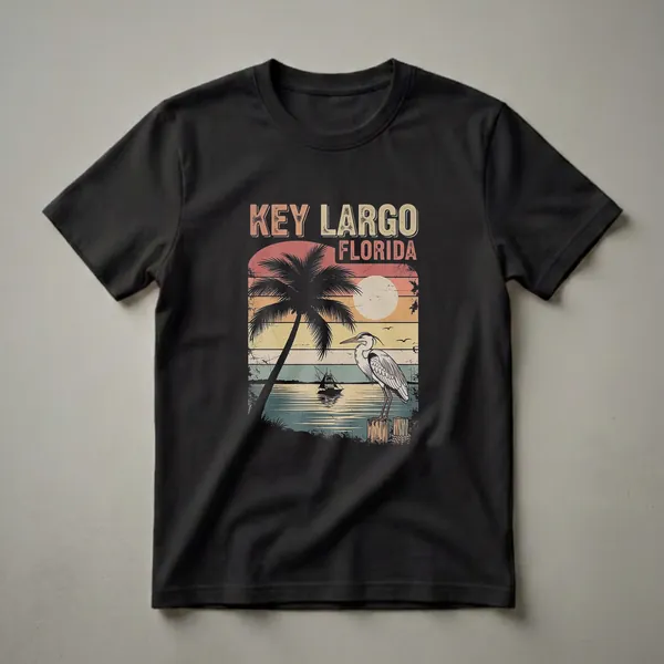 Black t-shirt with a retro Key Largo, Florida design featuring a heron, palm tree, sailboat, and a striped sunset.