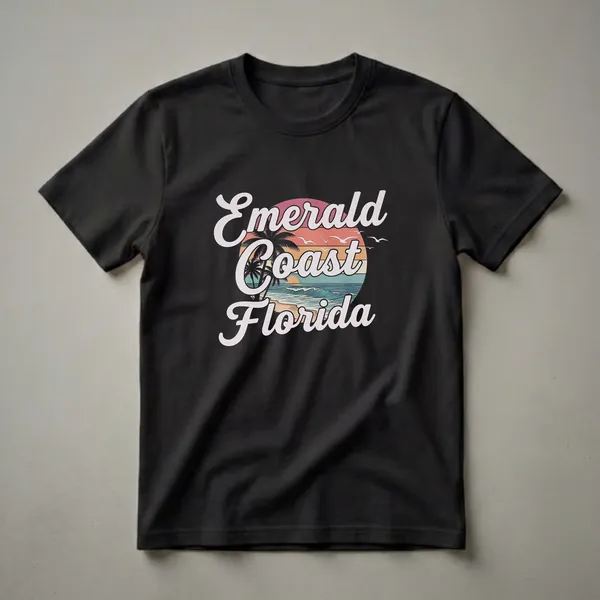 Black t-shirt featuring a retro graphic design of the Emerald Coast in Florida, with a sunset, palm trees, ocean waves, and seagulls.