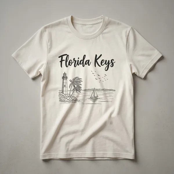 Black graphic t-shirt featuring a line art design of a lighthouse, palm trees, and a sailboat on the ocean, with the text 'Florida Keys' in script above.