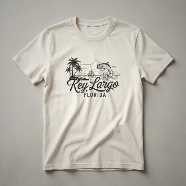 Black line art graphic on a shirt featuring the words Key Largo Florida, a leaping marlin, a sailboat, and palm trees.