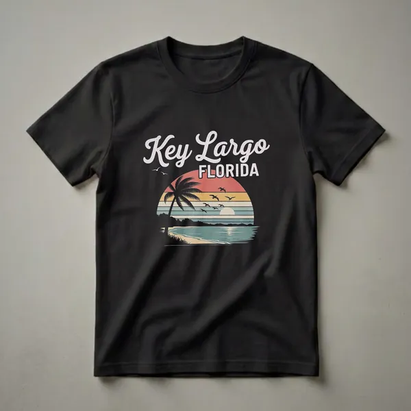 Black t-shirt featuring a retro Key Largo Florida sunset graphic with a palm tree, beach, ocean, and seagulls.